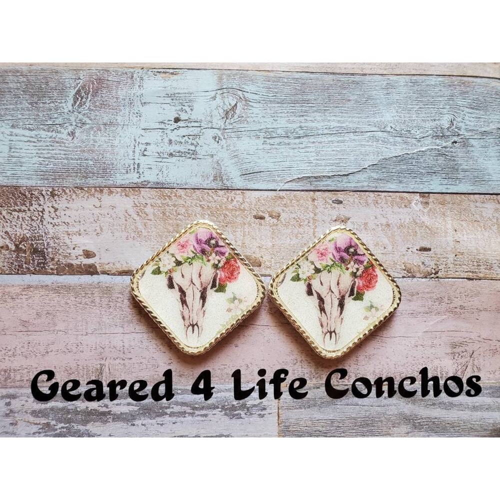 Floral skull inlay conchos, replacement concho, saddle conchos, screwback concho